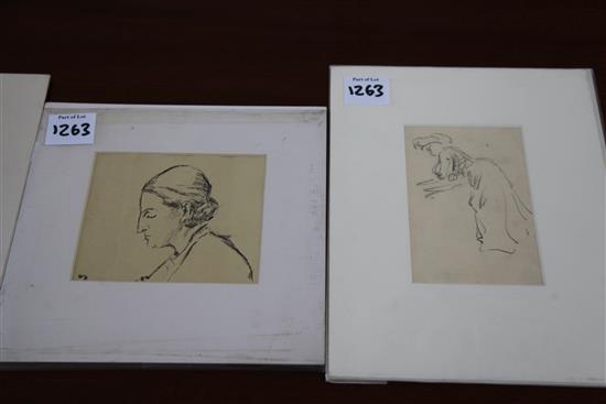 Jean Marchand (1883-1940) pen and ink study of a figure at a table with Atelier stamp, a landscape and 3 figure studies, largest 8 x 10
